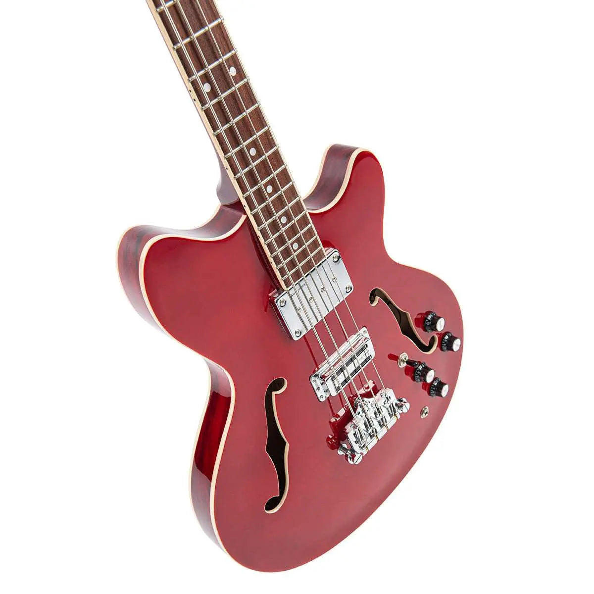 Vintage REVO Series 'Supreme' Semi Acoustic Bass ~ Cherry Red - Richards Guitars Of Stratford Upon Avon