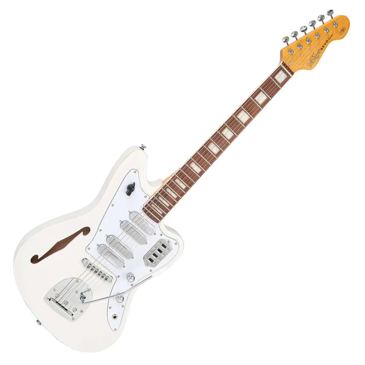 Vintage REVO Series 'Surfmaster Quad' Electric Guitar ~ Metallic White - Richards Guitars Of Stratford Upon Avon
