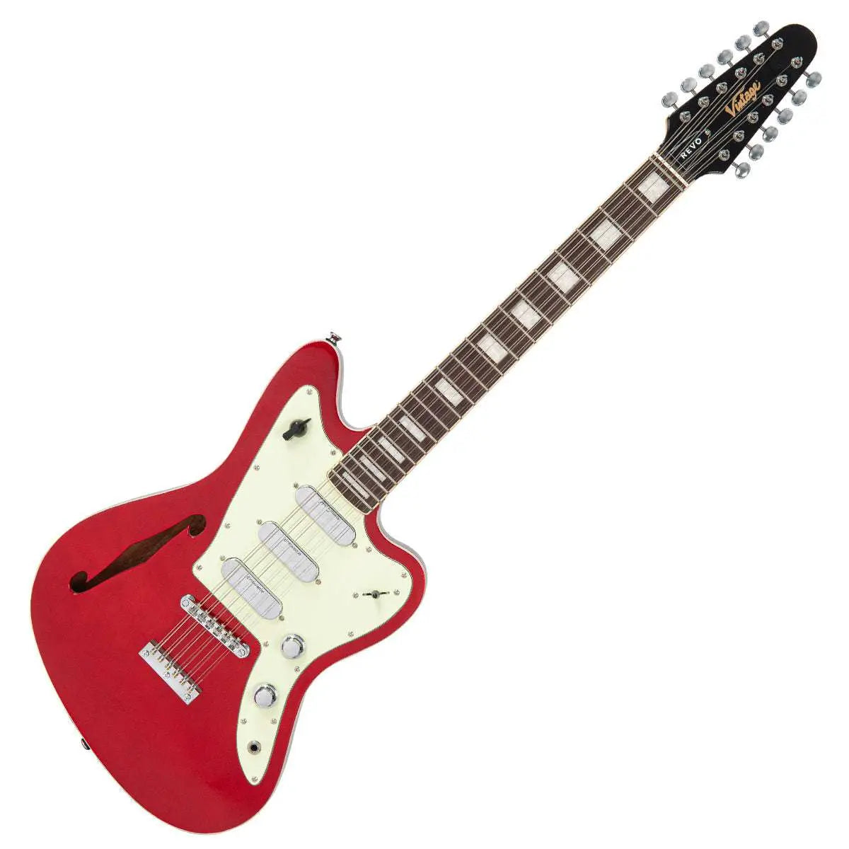 Vintage REVO Series 'Surfmaster Thinline 12' Electric Guitar ~ Candy Apple Red - Richards Guitars Of Stratford Upon Avon