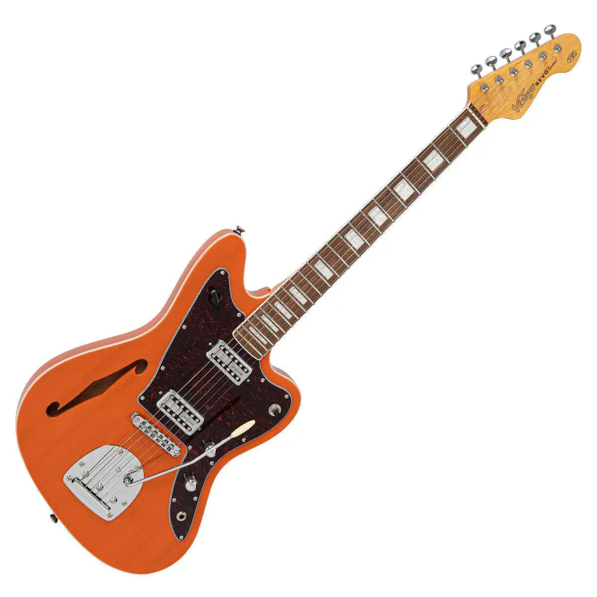 Vintage REVO Series 'Surfmaster' Thinline Twin Electric Guitar ~ Trans Orange - Richards Guitars Of Stratford Upon Avon