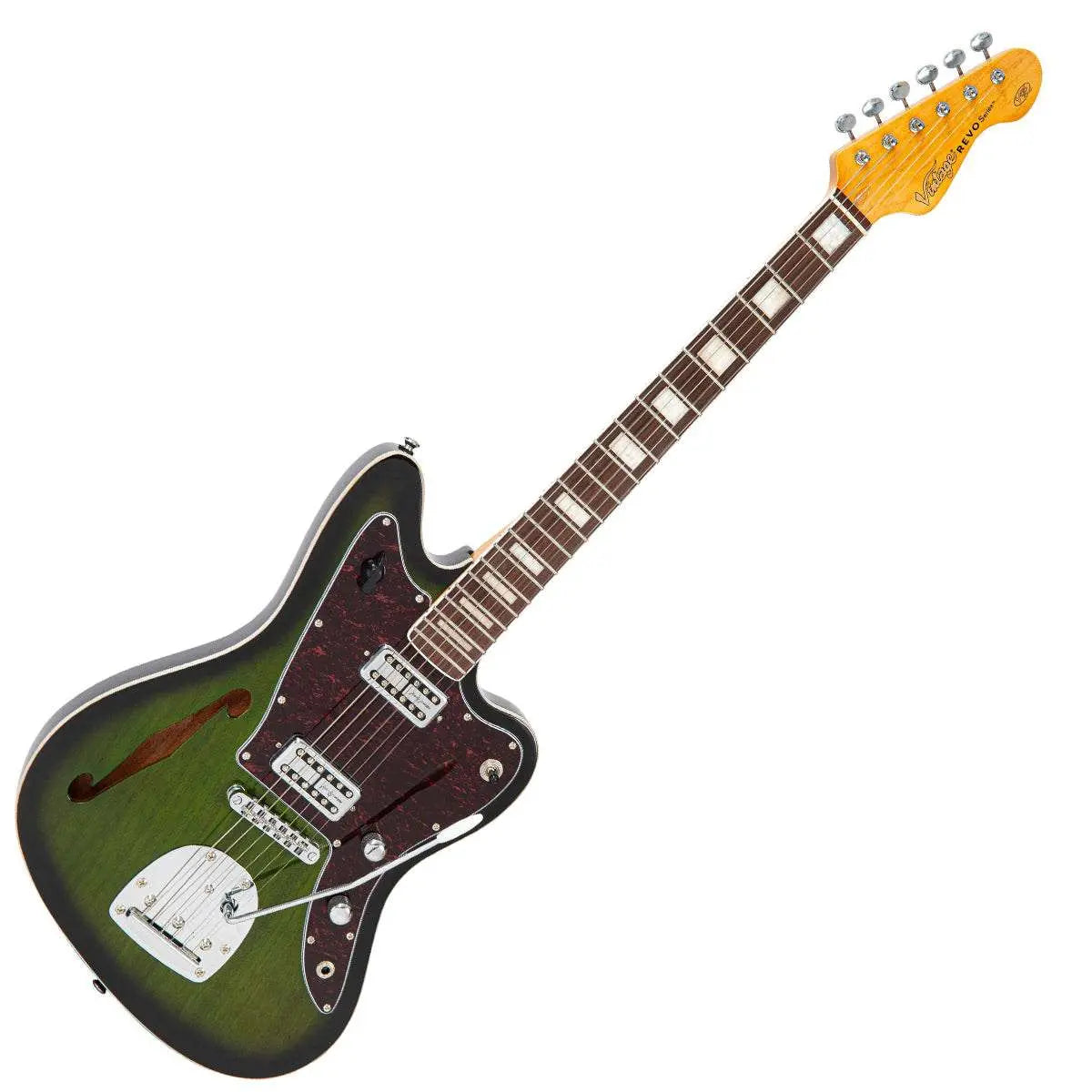 Vintage REVO Series VRS652GB Surfmaster Thinline' Twin Electric Guitar ~ Greenburst - Richards Guitars Of Stratford Upon Avon