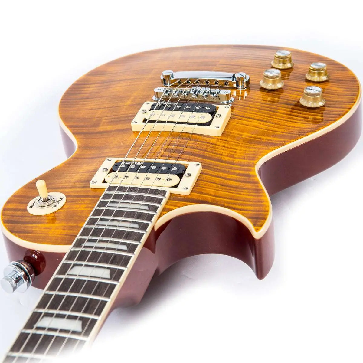 Vintage V100AFD Reissued Electric Guitar ~ Left Hand Flamed Amber - Richards Guitars Of Stratford Upon Avon