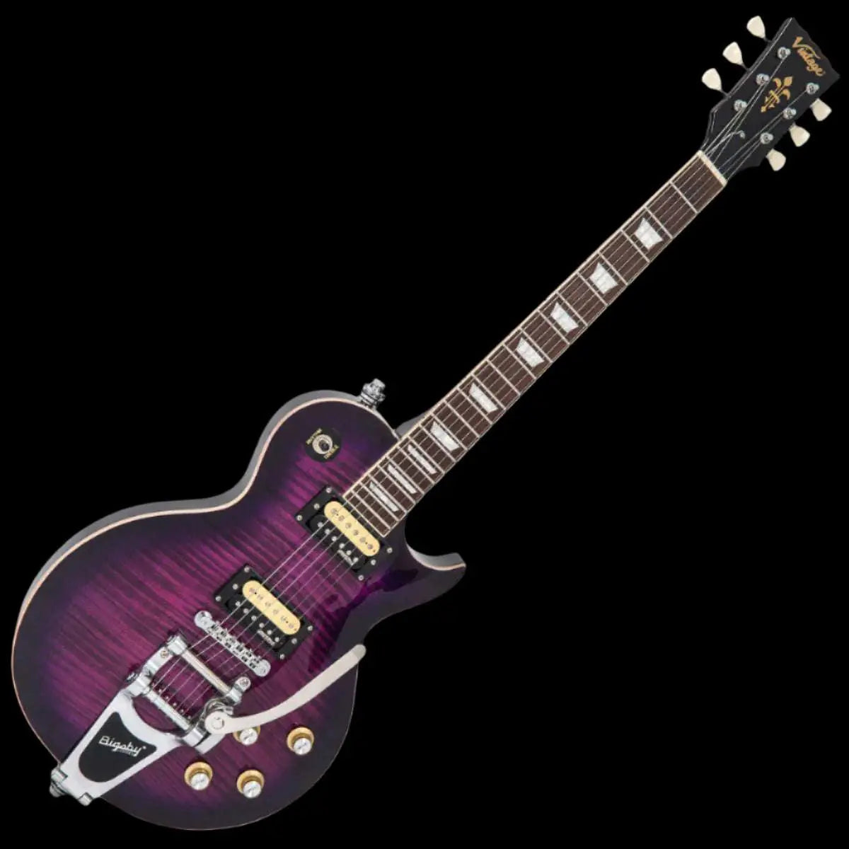 Vintage V100PLB ReIssued Electric Guitar w/Bigsby ~ Flamed Purpleburst - Richards Guitars Of Stratford Upon Avon