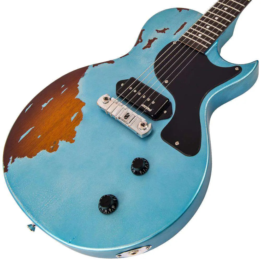 Vintage V120MRGHB ICON Electric Guitar ~ Distressed Gun Hill Blue Over Sunburst - Richards Guitars Of Stratford Upon Avon