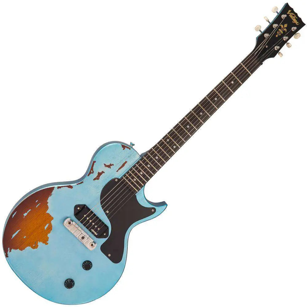 Vintage V120MRGHB ICON Electric Guitar ~ Distressed Gun Hill Blue Over Sunburst - Richards Guitars Of Stratford Upon Avon