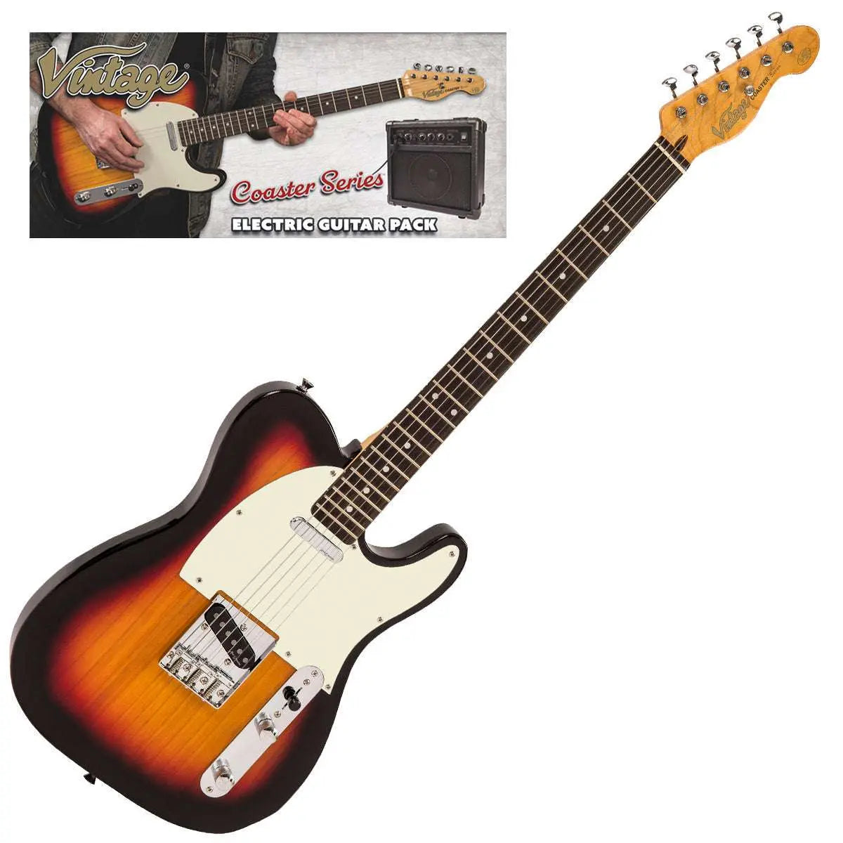 Vintage V20 Coaster Series Electric Guitar Pack ~ 3 Tone Sunburst - Richards Guitars Of Stratford Upon Avon