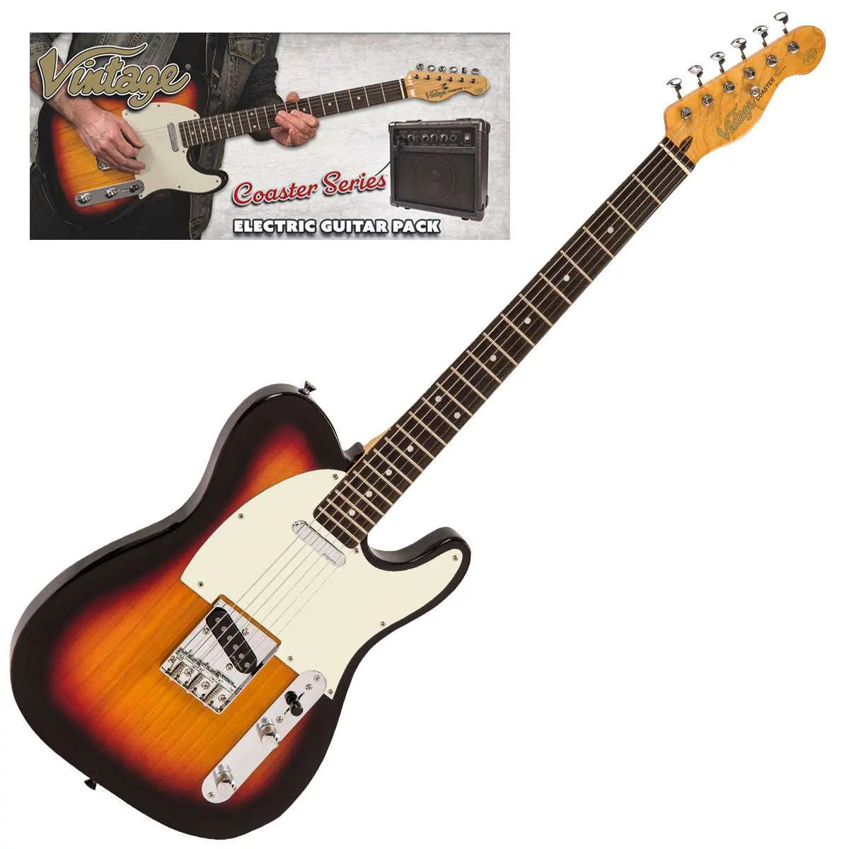 Vintage V20 Coaster Series Electric Guitar Pack ~ 3 Tone Sunburst - Richards Guitars Of Stratford Upon Avon