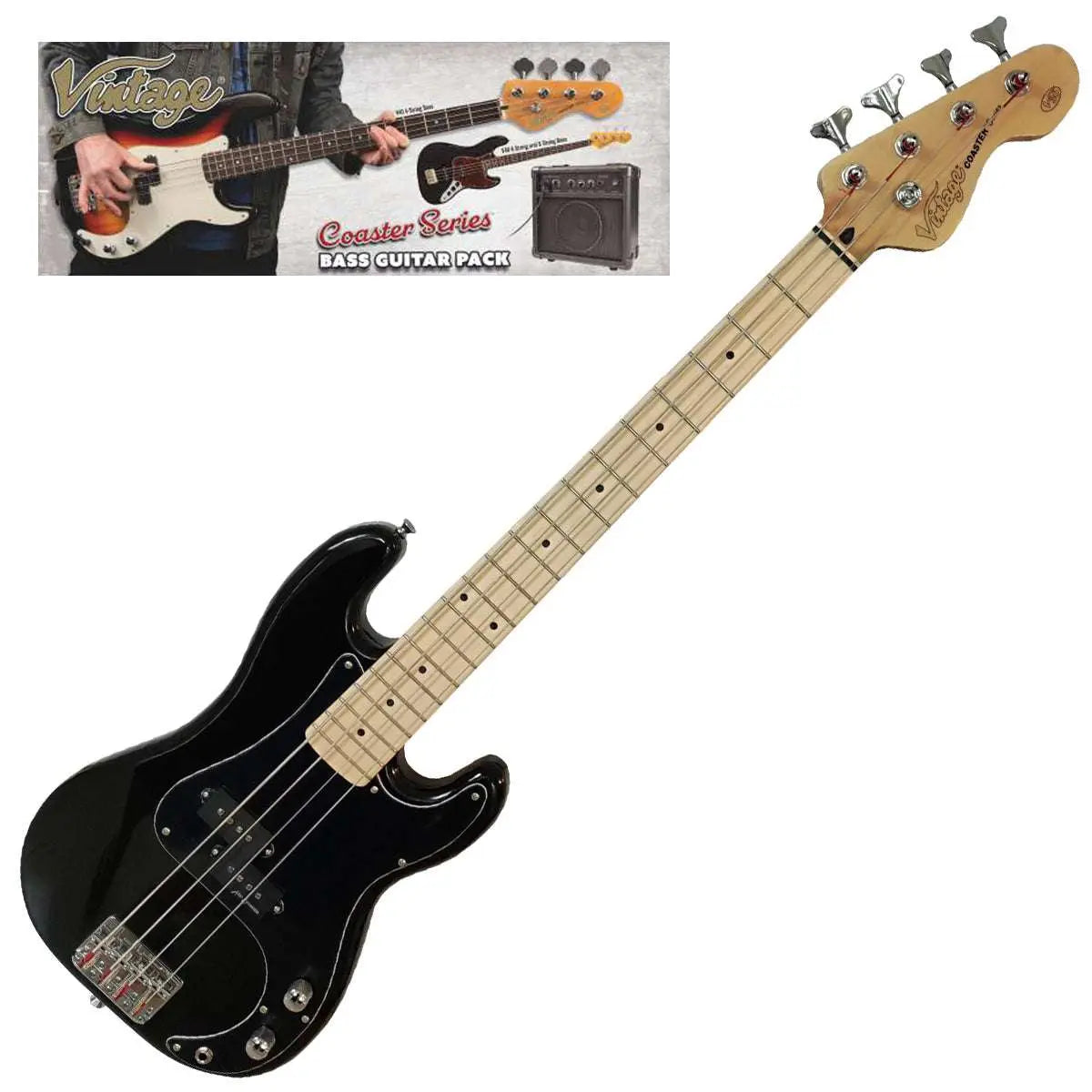 Vintage V30 Maple 7/8 Size Coaster Series Bass Guitar Pack ~ Boulevard Black - Richards Guitars Of Stratford Upon Avon