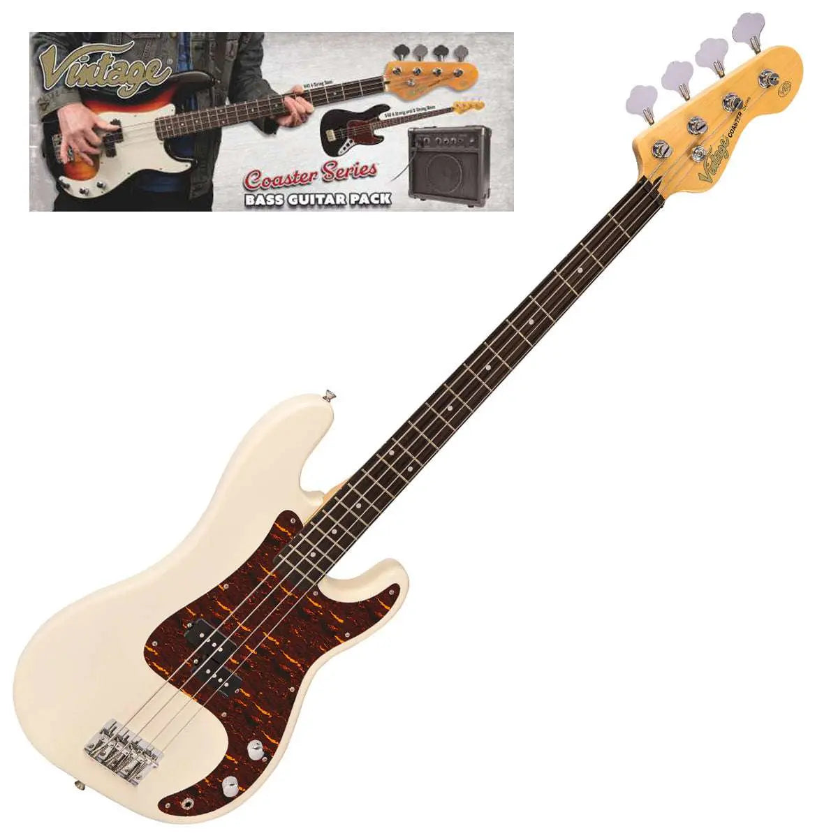 Vintage V40 Coaster Series Bass Guitar Pack ~ Vintage White - Richards Guitars Of Stratford Upon Avon