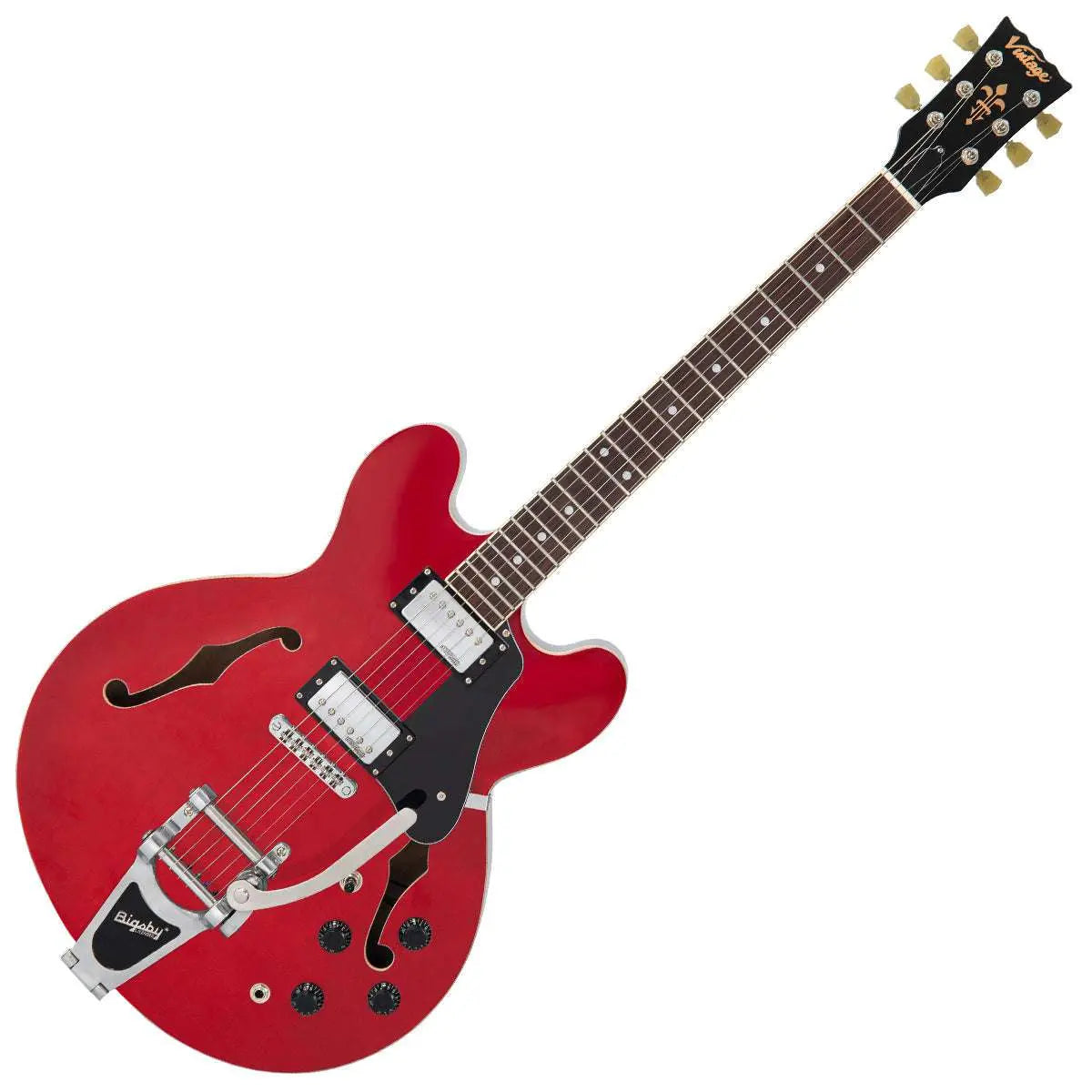 Vintage VSA500B ReIssued Semi Acoustic Guitar w/Bigsby ~ Cherry Red - Richards Guitars Of Stratford Upon Avon