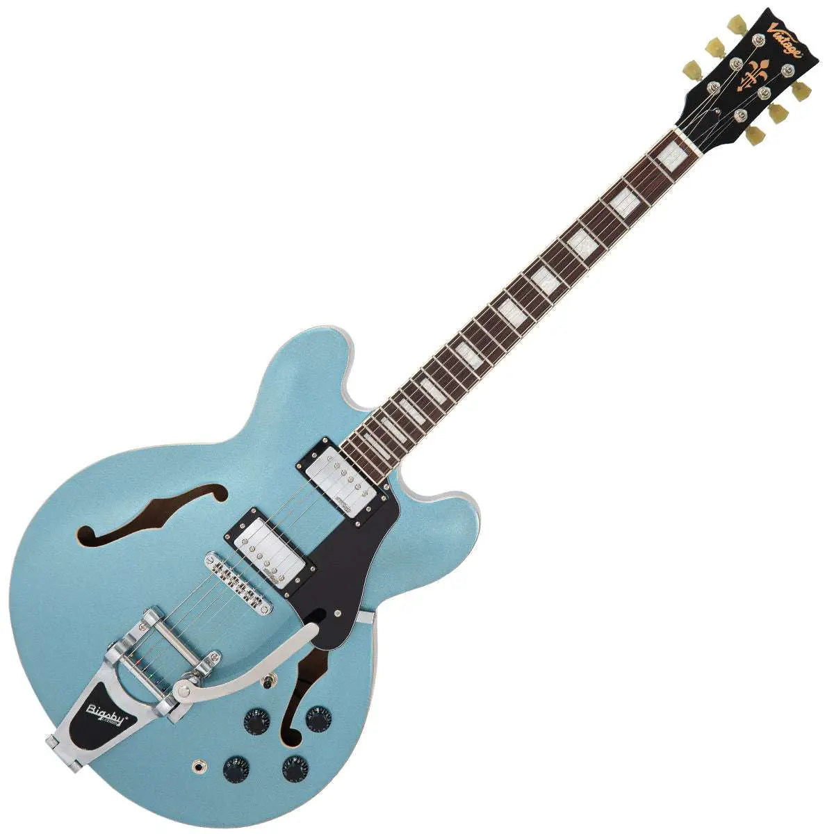 Vintage VSA500B ReIssued Semi Acoustic Guitar w/Bigsby ~ Gun Hill Blue - Richards Guitars Of Stratford Upon Avon