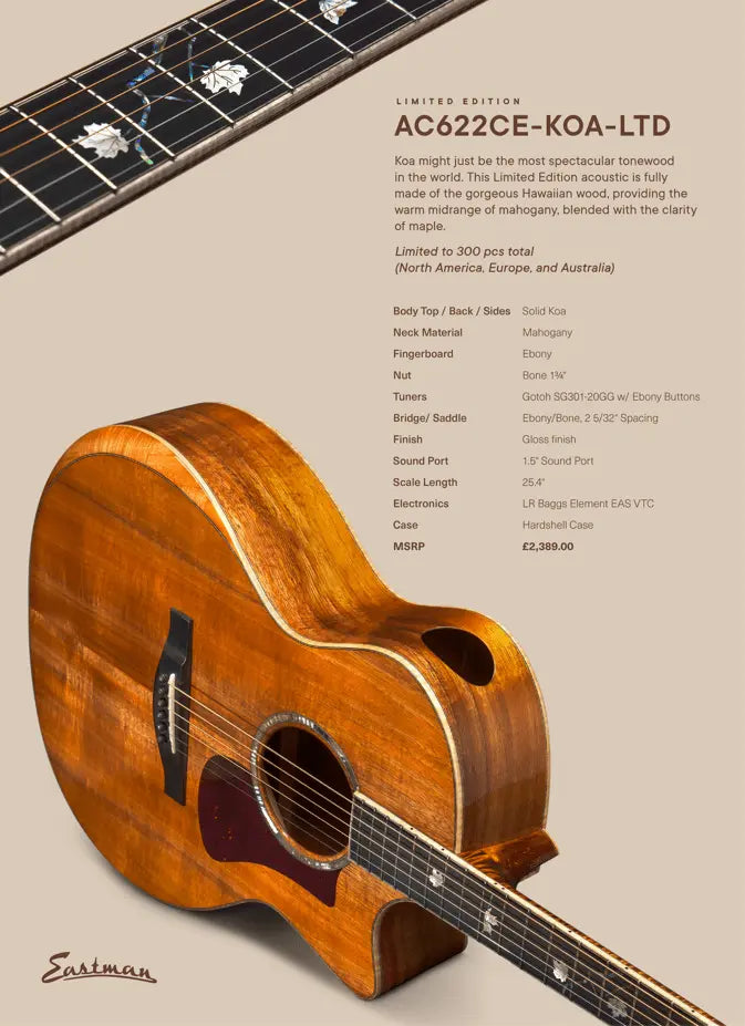 Eastman All Solid Koa AC622CE KOA LTD Arriving Summer - Only 300 Worldwide - Richards Guitars Of Stratford Upon Avon