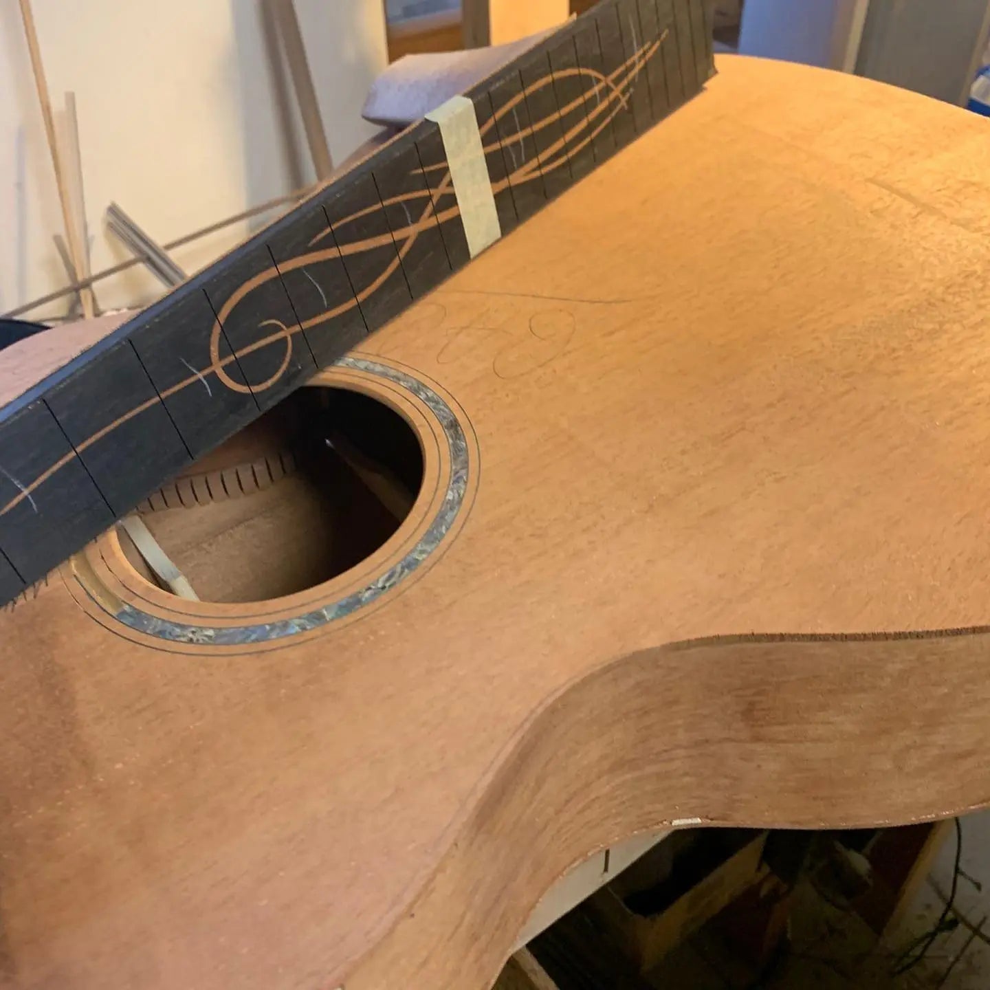 Our Dowina ALL Mahogany Custom Being Born.  Latest Pics From Dowina Workshop - Richards Guitars Of Stratford Upon Avon