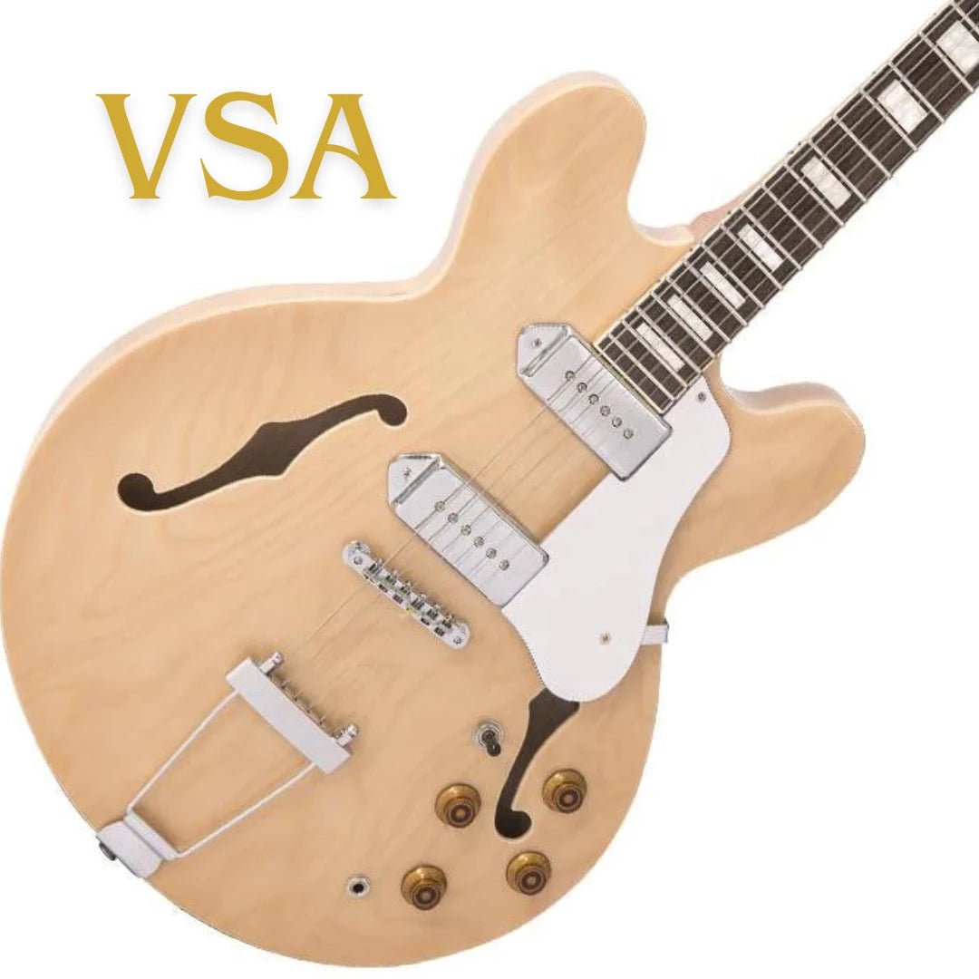 Vintage VSA500 Semi Acoustic Guitars.  UKs Lowest Prices Online Plus Custom Pro Upgrade - Richards Guitars Of Stratford Upon Avon