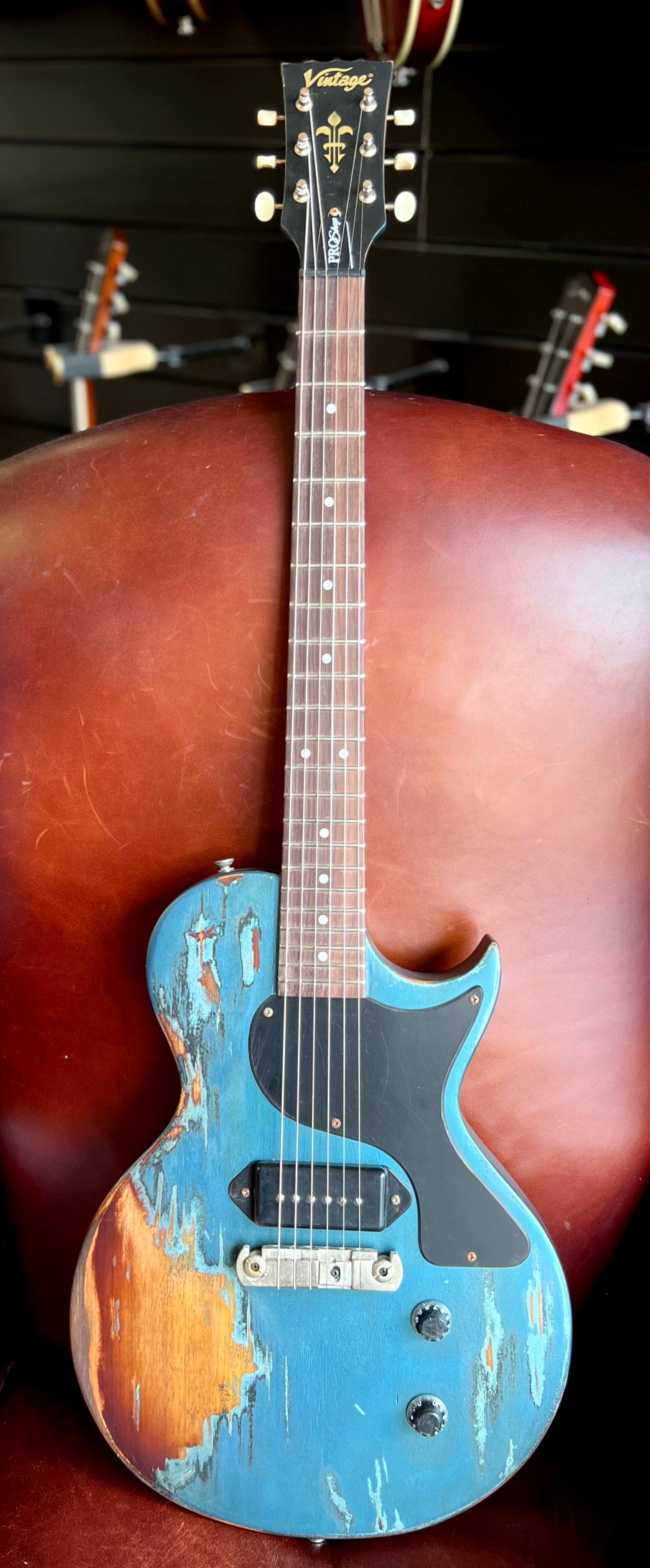 Vintage V120 ProShop "Reclaimed" Scorched Earth Blue over Burst, Electric Guitar for sale at Richards Guitars.