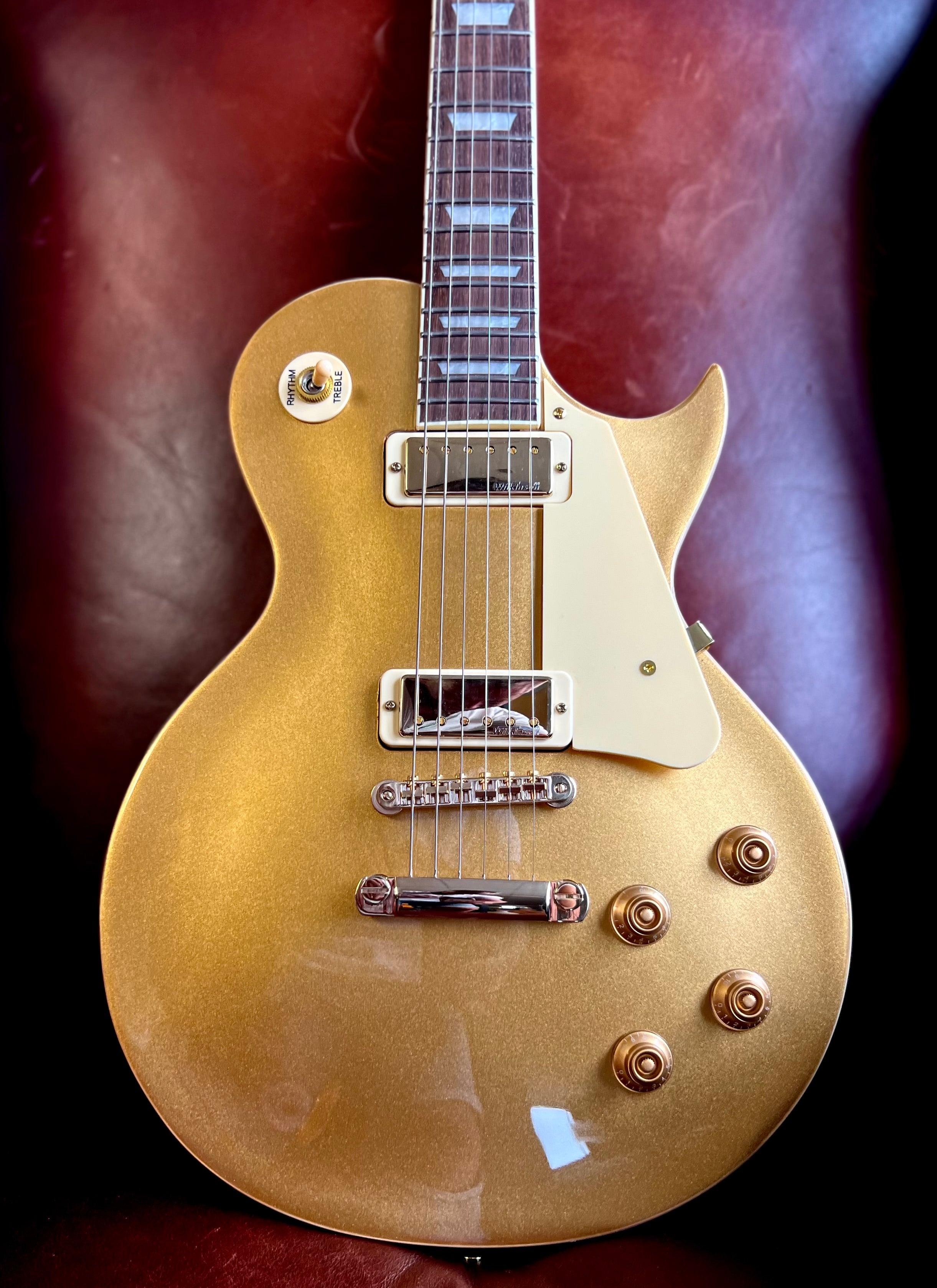 Vintage V100M Mini Double Coil ReIssued Electric Guitar ~ Gold Top, Electric Guitar for sale at Richards Guitars.