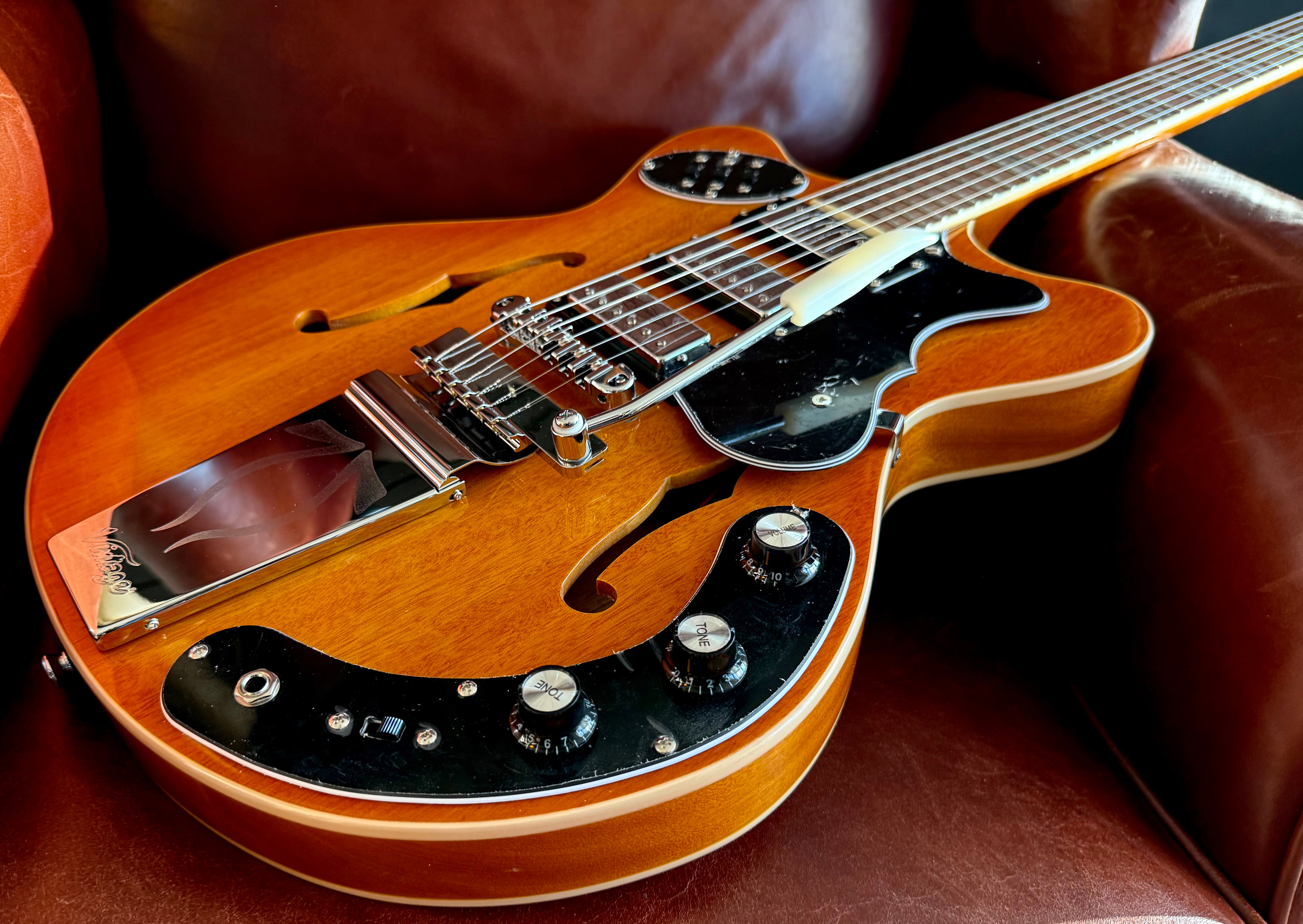 Vintage REVO Series 'Superthin' Electric Guitar ~ Amberburst, Electric Guitar for sale at Richards Guitars.