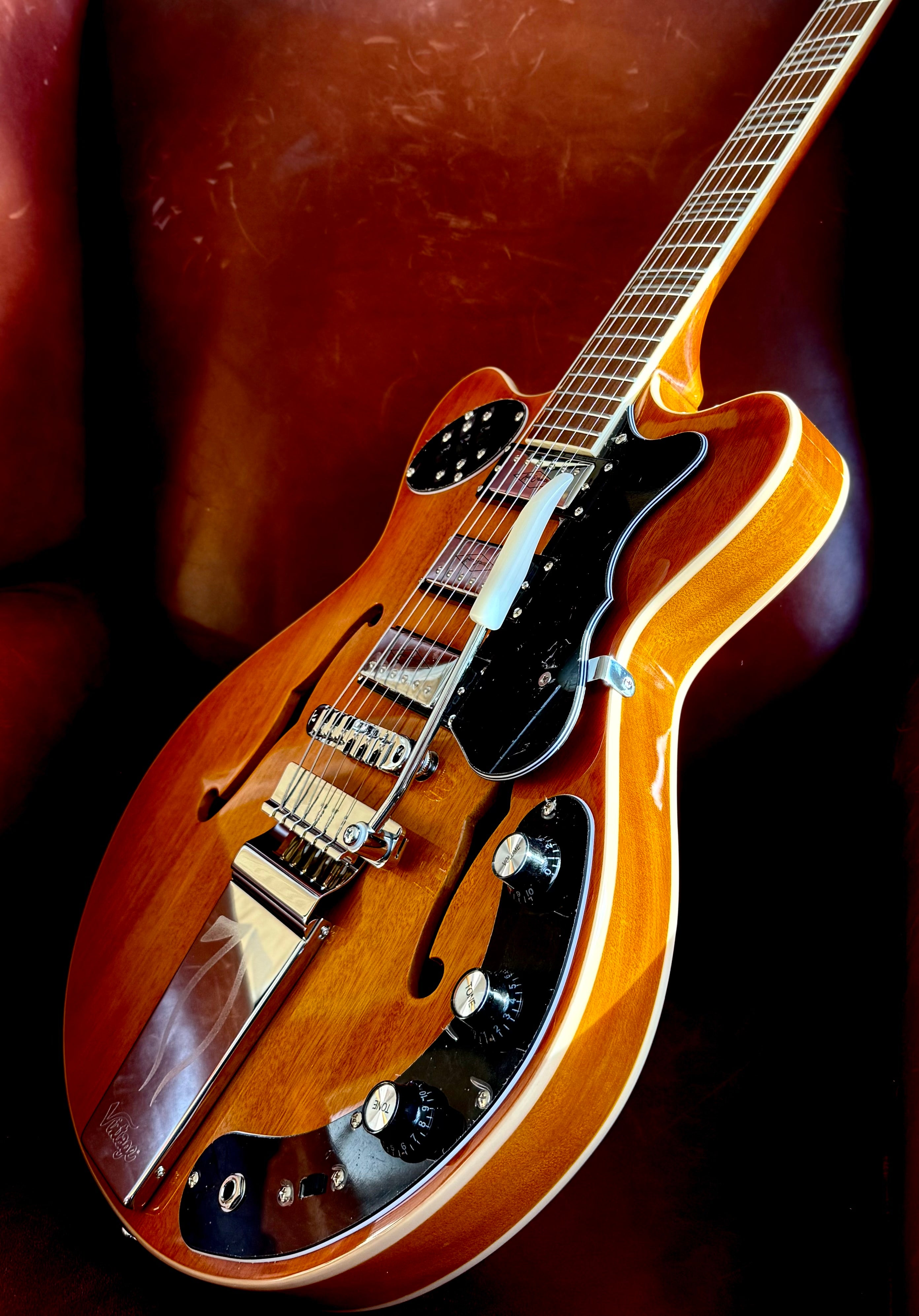 Vintage REVO Series 'Superthin' Electric Guitar ~ Amberburst, Electric Guitar for sale at Richards Guitars.