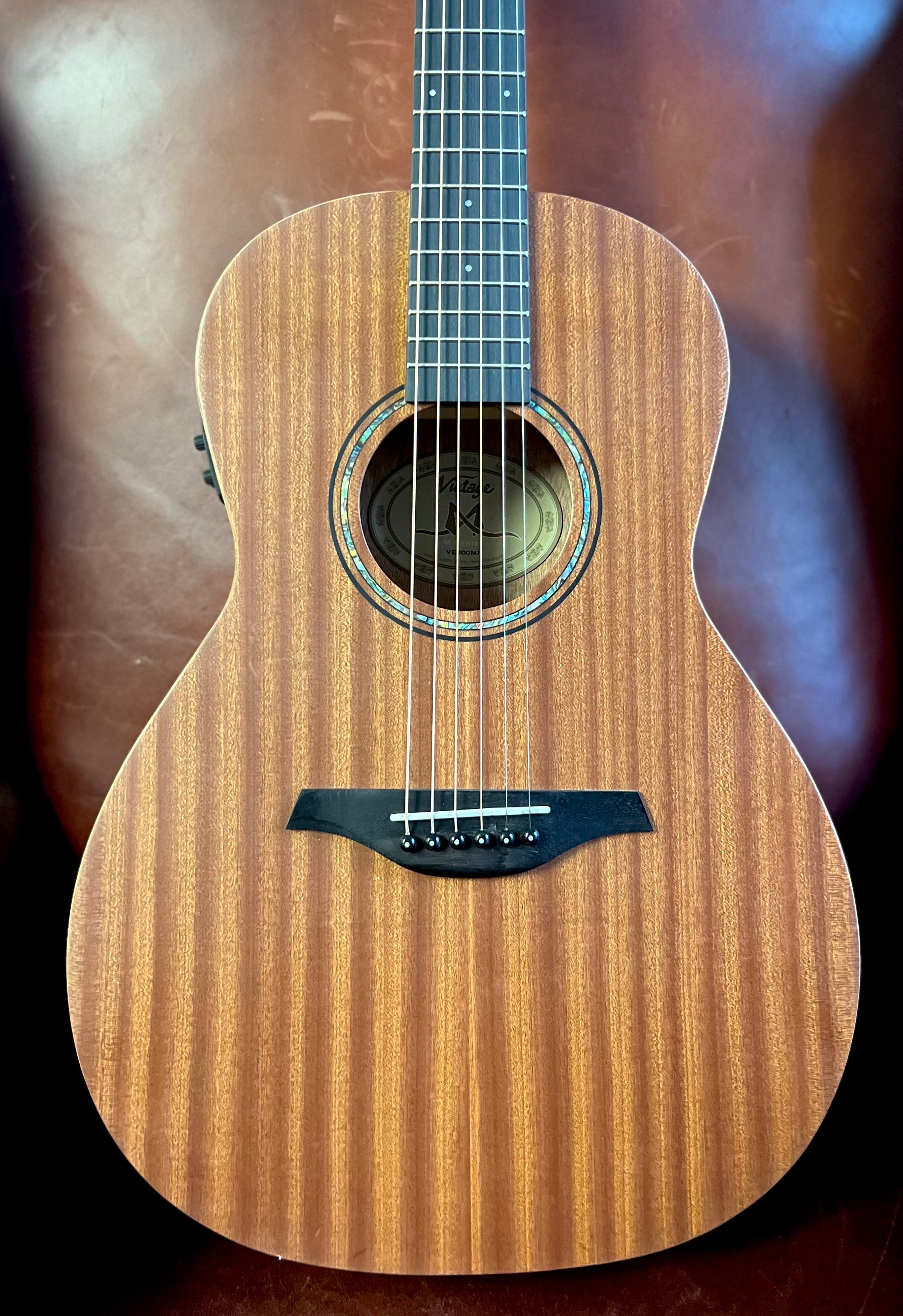 Vintage VE800MH Mahogany Series 'Parlour' Electro-Acoustic Guitar ~ Satin Mahogany, Electro Acoustic Guitar for sale at Richards Guitars.