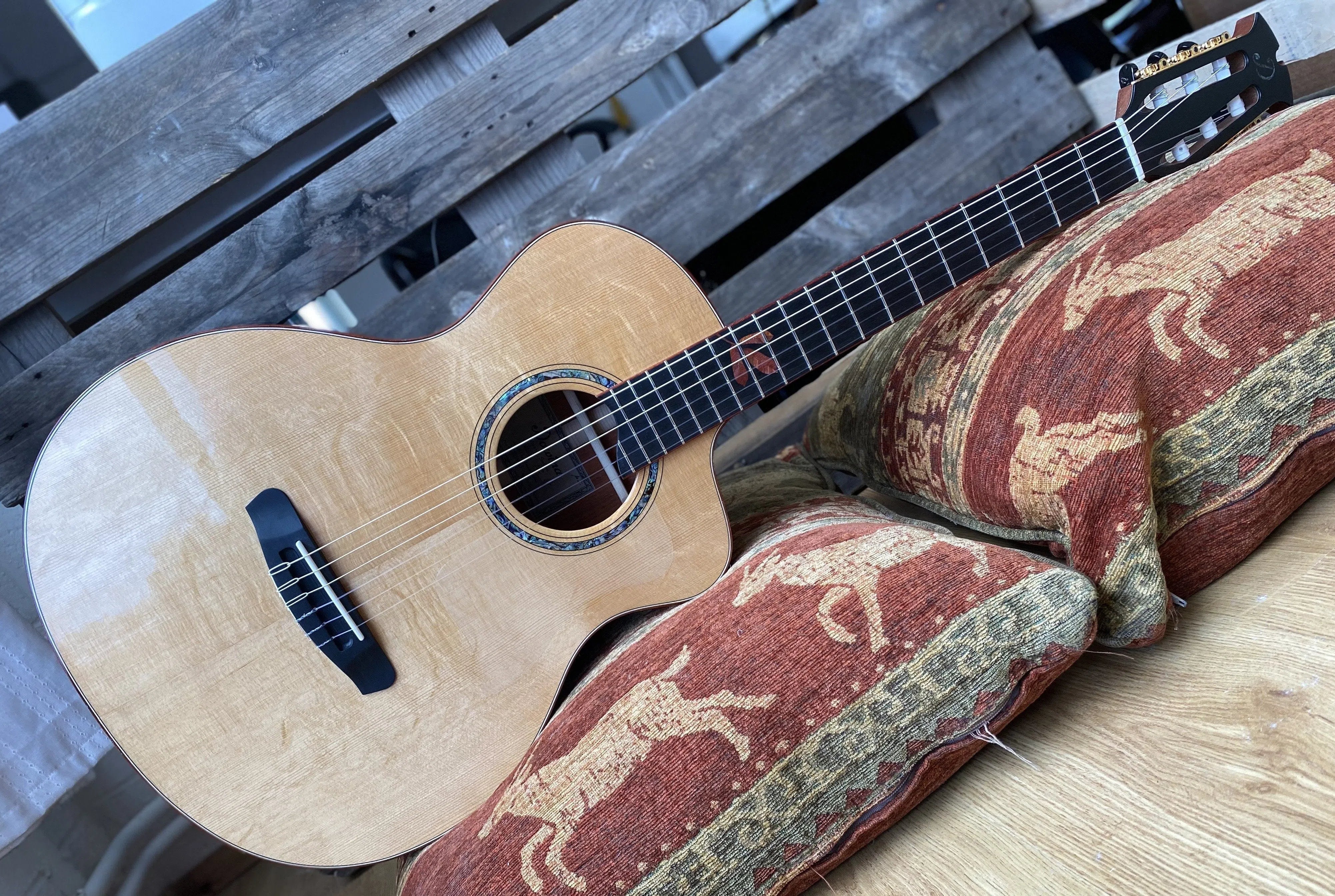 Dowina Master Built Strip Padauk HC Deluxe With Torrified Swiss Spruce Top, Nylon Strung Guitar for sale at Richards Guitars.