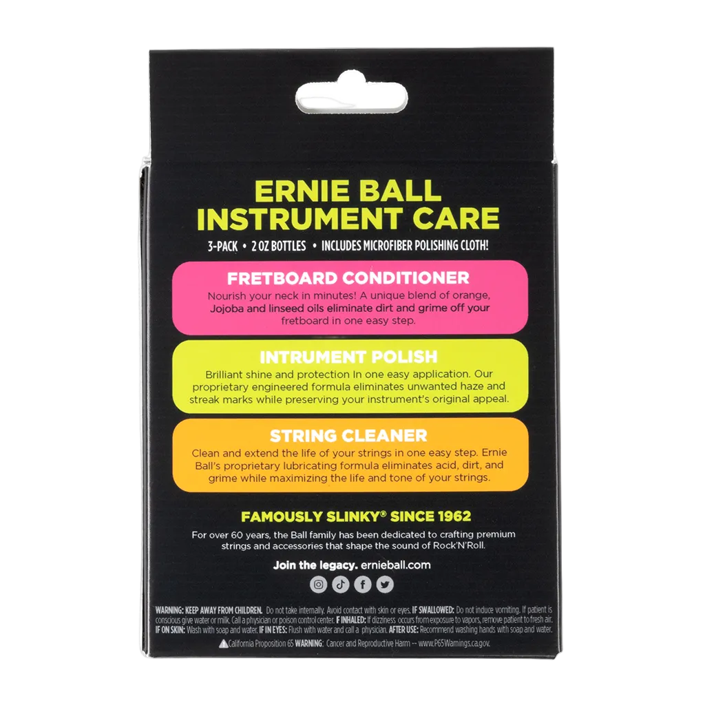 Ernie Ball  Instrument Care 3-PACK W/Microfibre Cloth (All You Need For Body, Strings & Fretboard)