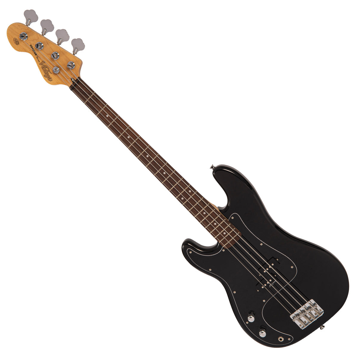 Vintage V40 Coaster Series Bass Guitar ~ Left Hand Boulevard Black, for sale at Richards Guitars.