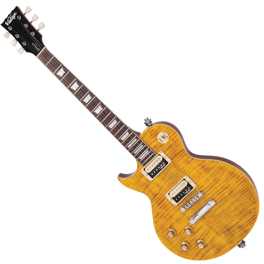 Vintage V100AFD Reissued Electric Guitar ~ Left Hand Flamed Amber, Electric Guitar for sale at Richards Guitars.