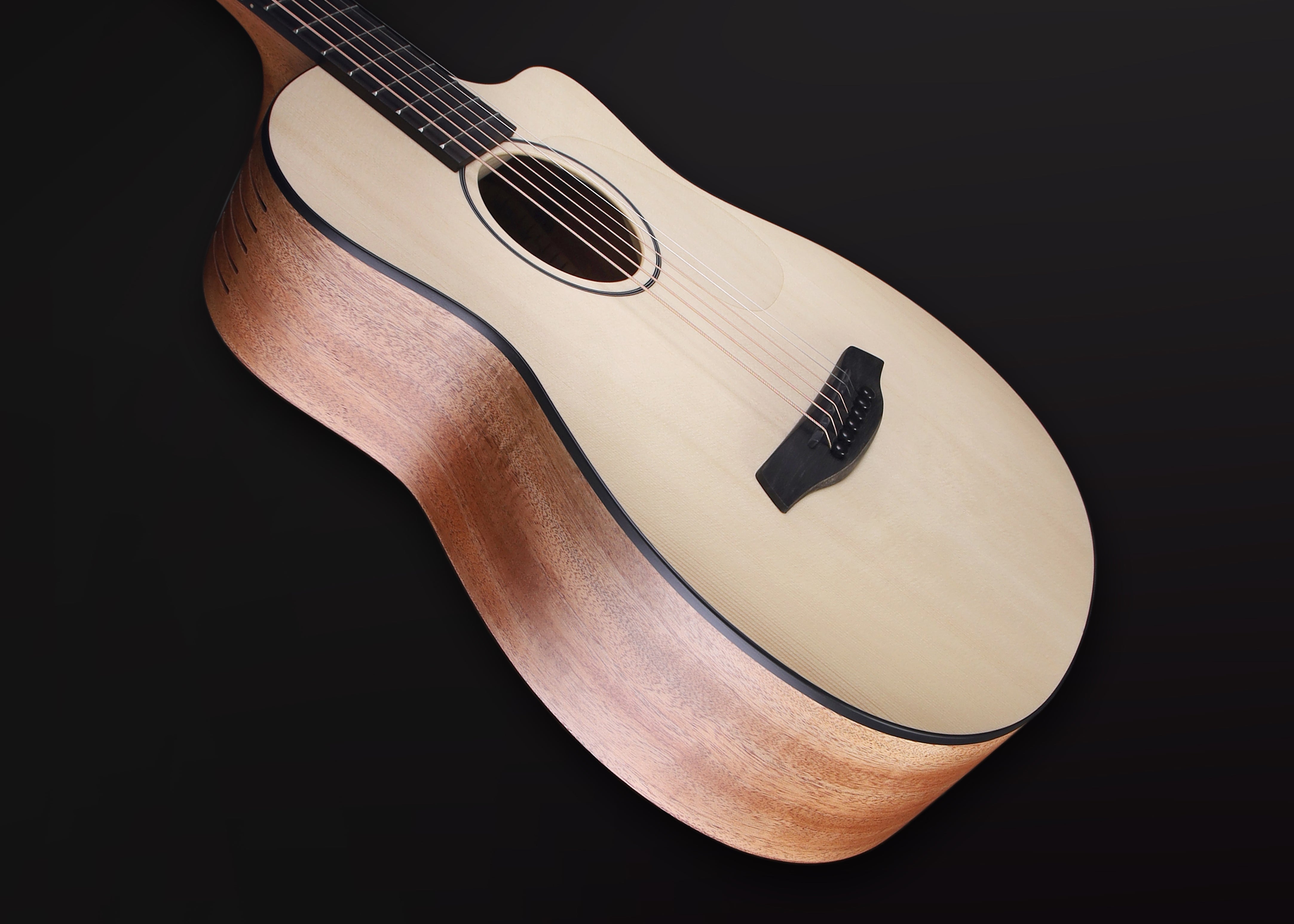Furch Pioneer EM: Engelmann spruce top with African mahogany back and sides. (Furch Mini / Travel Guitar) (2025 CNR Active Upgrade Model), Acoustic Guitar for sale at Richards Guitars.