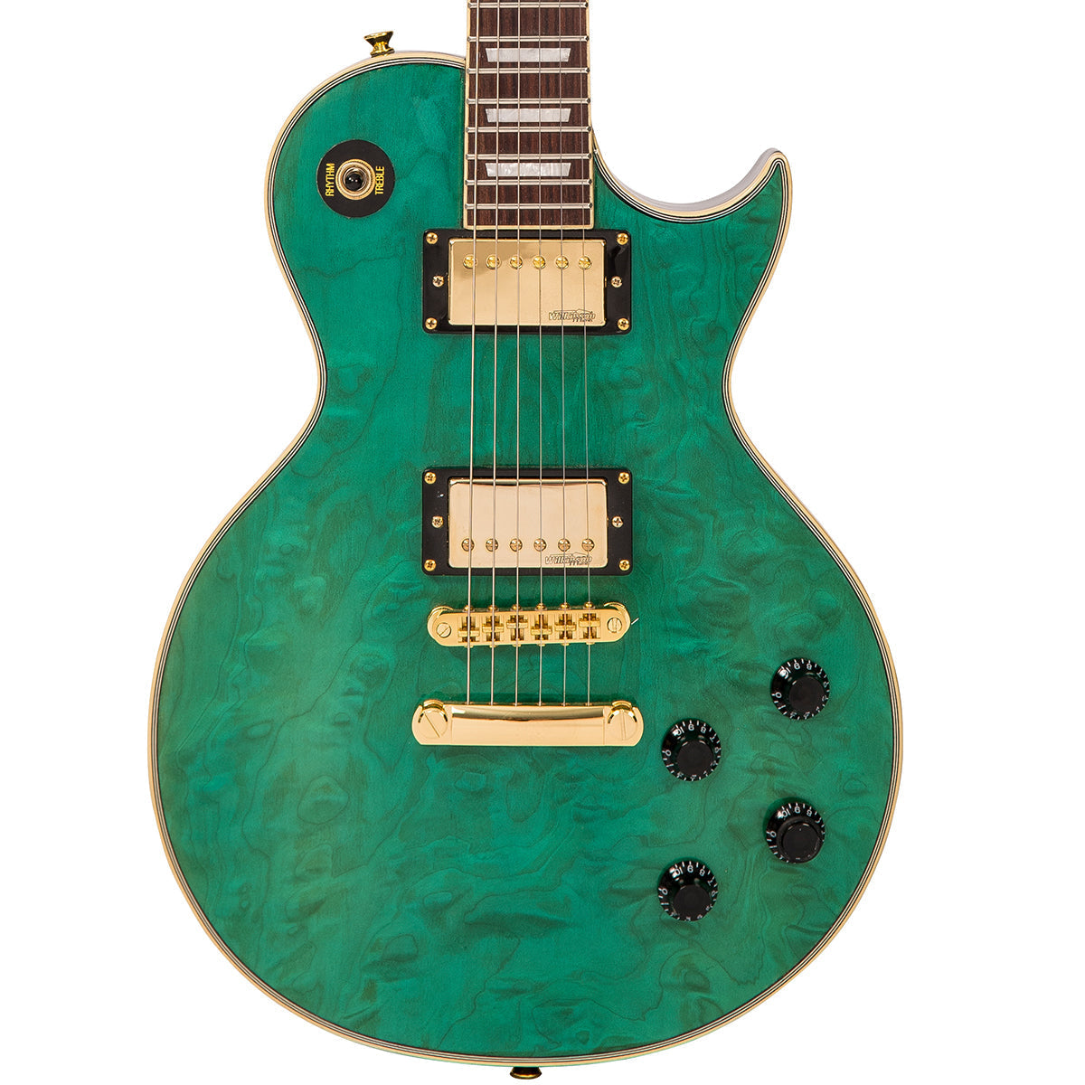 IN BUILD: – Vintage V100 ProShop Unique ~ Green Quilt, Electric Guitar for sale at Richards Guitars.