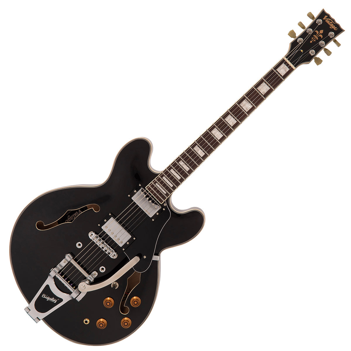 IN BUILD: - Vintage VSA500 ProShop Unique ~ Gloss Black with Bigsby, Electric Guitar for sale at Richards Guitars.