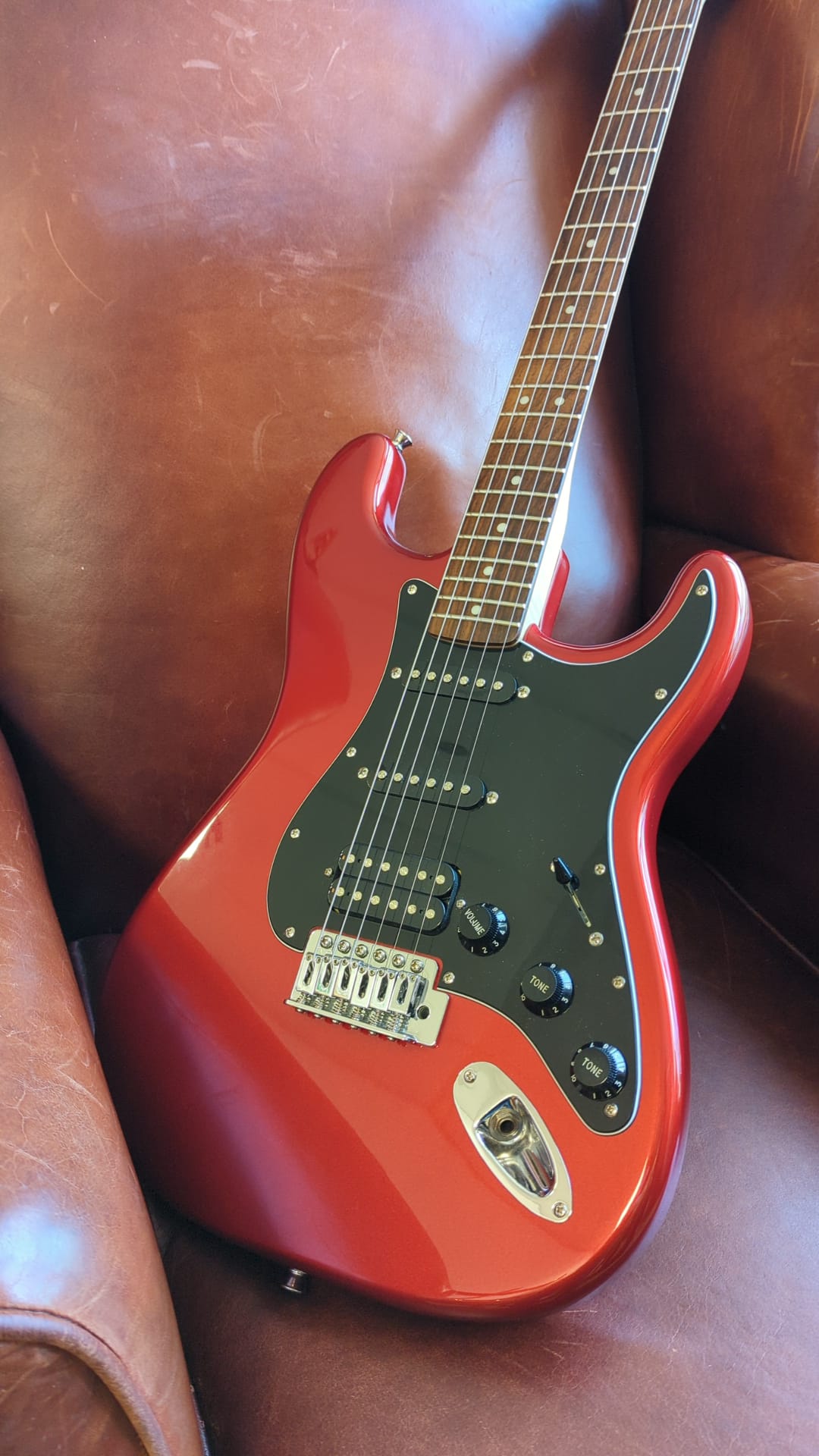 Squier Affinity Stratocaster HSS Candy Apple Red with flame maple neck!!! (Used), Electric Guitar for sale at Richards Guitars.