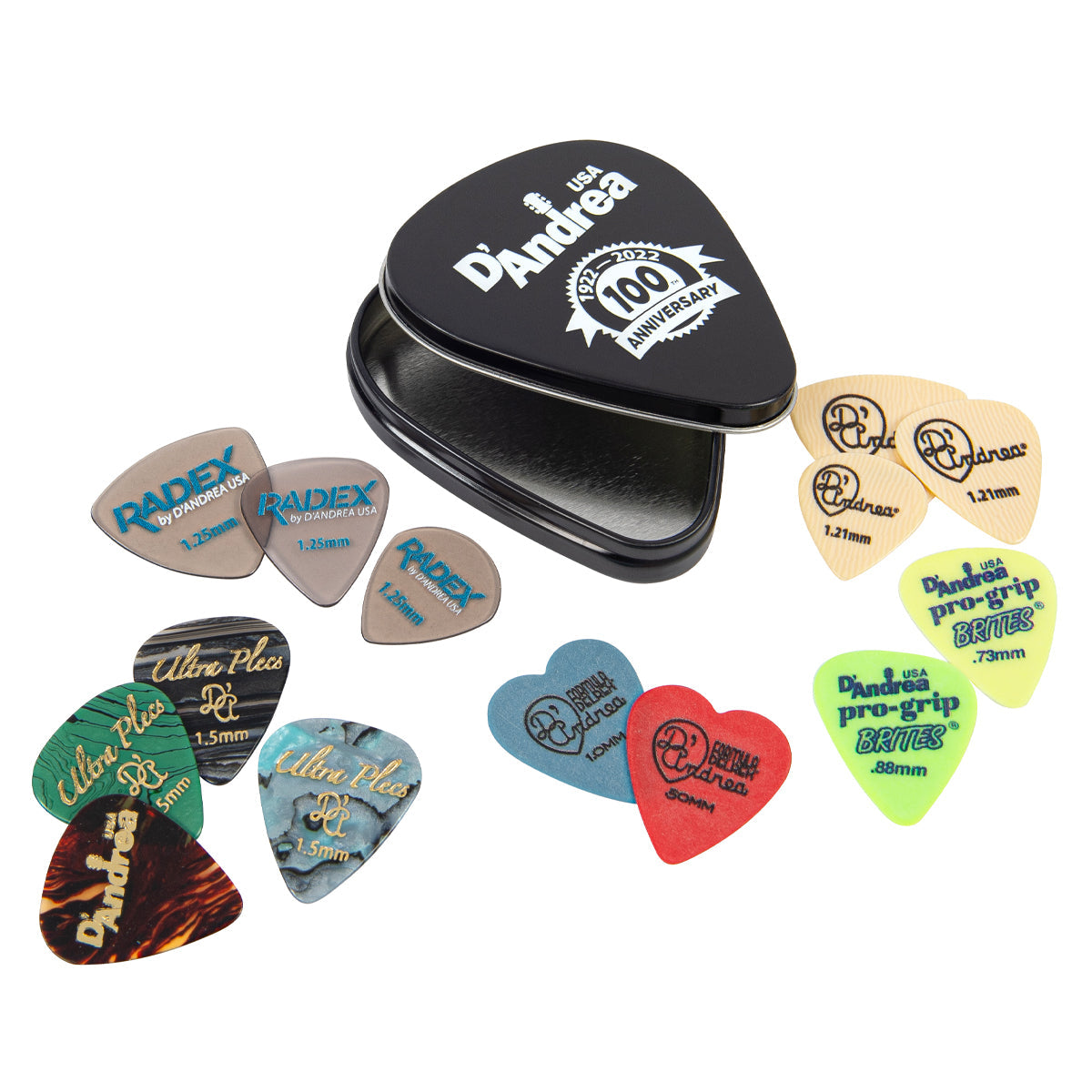 D'Andrea 100th Anniversary Pick Tin ~ 14 Assorted Picks, Accessory for sale at Richards Guitars.