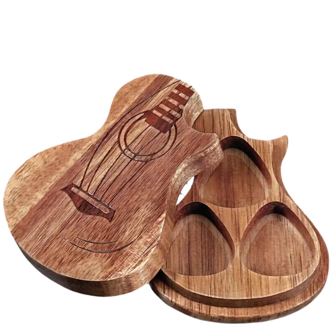 Accessory - Wooden Guitar Shaped Pick Holder Box With 9 Picks