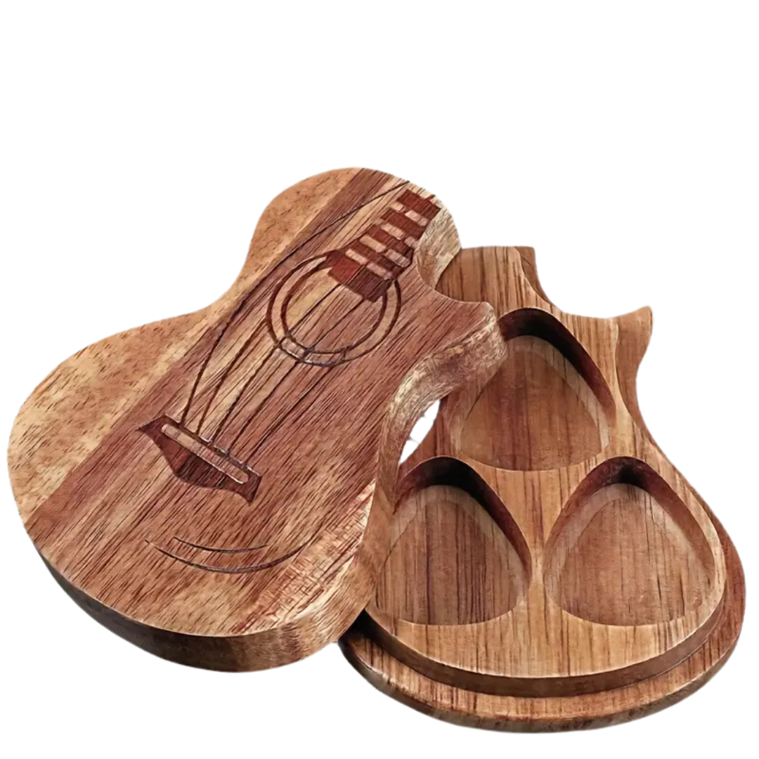 Wooden Guitar Shaped Pick Holder Box With 9 Picks, Accessory for sale at Richards Guitars.