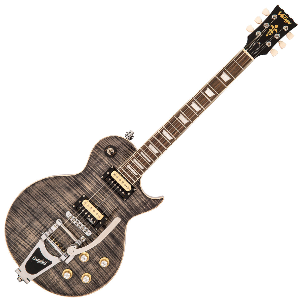 Vintage V100 ReIssued Electric Guitar w/Bigsby ~ Flamed Thru Black, Electric Guitar for sale at Richards Guitars.