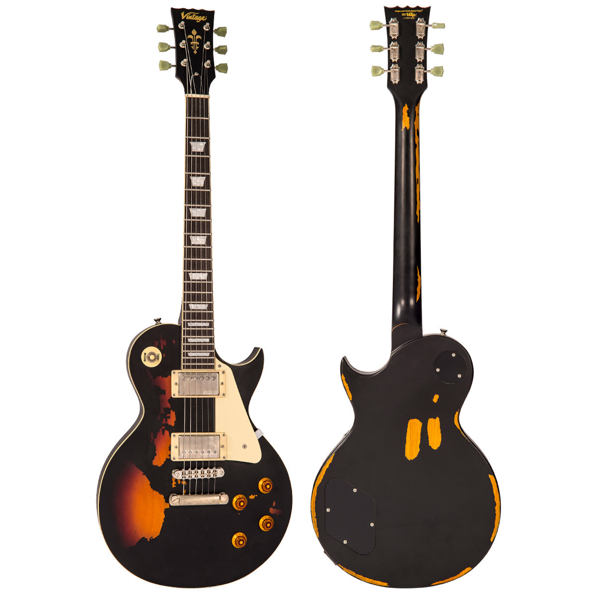 Vintage V100 ICON Electric Guitar ~ Distressed Black Over Sunburst, Electric Guitar for sale at Richards Guitars.