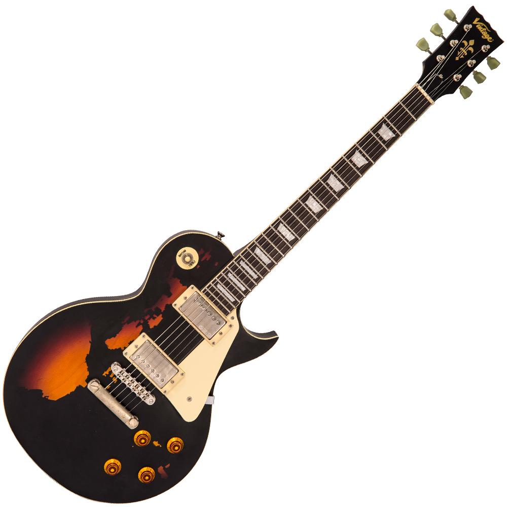 Vintage V100 ICON Electric Guitar ~ Distressed Black Over Sunburst, Electric Guitar for sale at Richards Guitars.