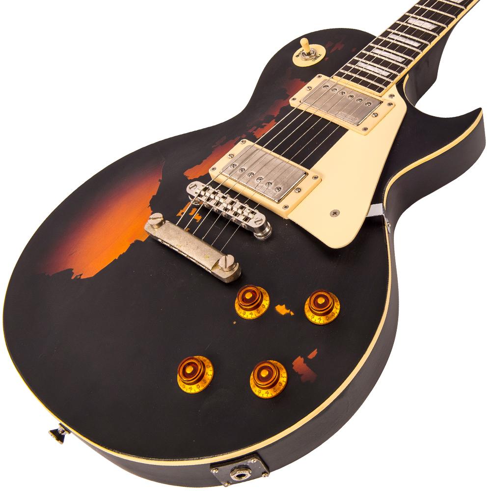 Vintage V100 ICON Electric Guitar ~ Distressed Black Over Sunburst, Electric Guitar for sale at Richards Guitars.