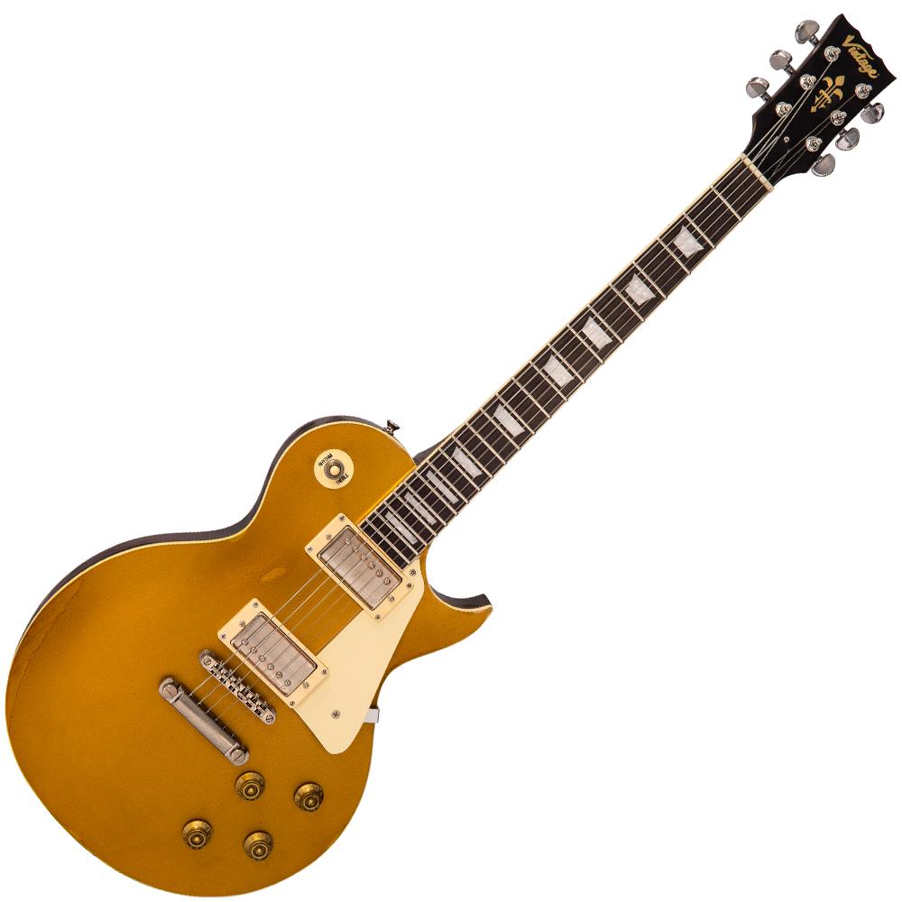 Vintage V100 ICON Electric Guitar ~ Distressed HH Gold Top, Electric Guitar for sale at Richards Guitars.