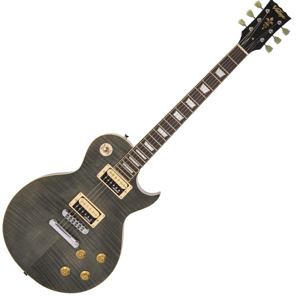 Vintage V100T ReIssued Series Electric Guitar ~ Flamed Thru Black, Electric Guitar for sale at Richards Guitars.