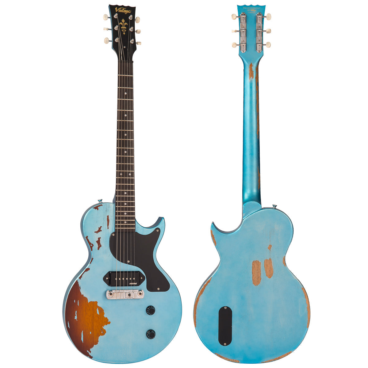 Vintage V120 ICON Electric Guitar ~ Distressed Gun Hill Blue Over Sunburst, Electric Guitar for sale at Richards Guitars.