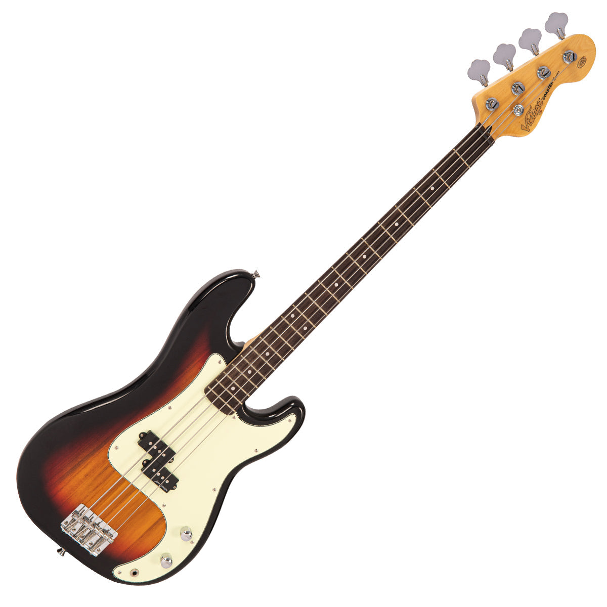 Vintage V40 Coaster Series Bass Guitar ~ 3 Tone Sunburst, for sale at Richards Guitars.