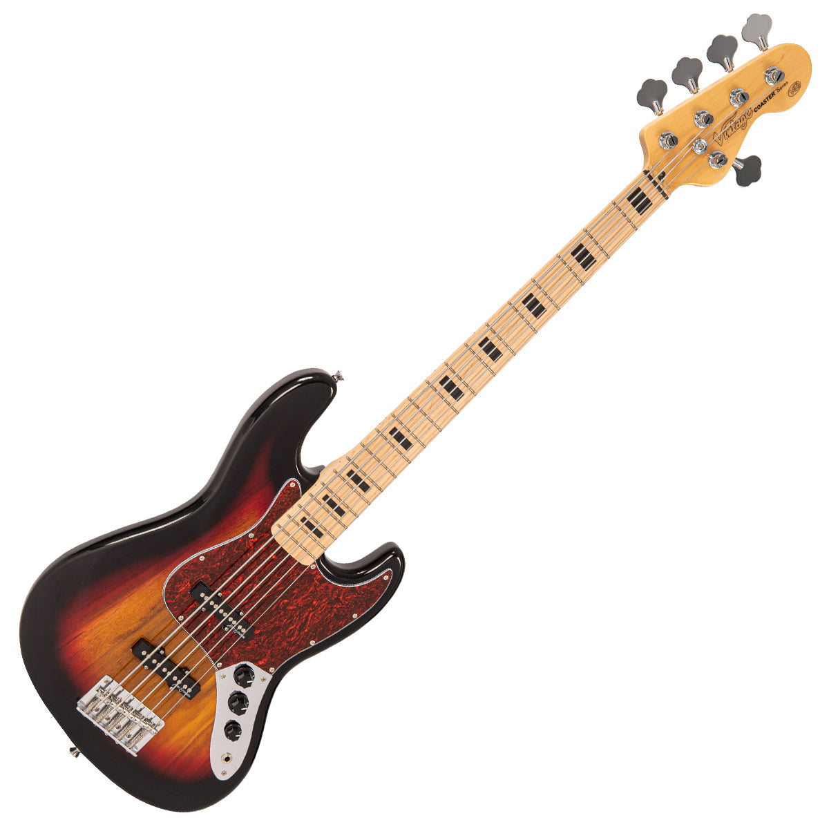 Vintage V495 Coaster Series 5-String Bass Guitar ~ 3 Tone Sunburst, for sale at Richards Guitars.