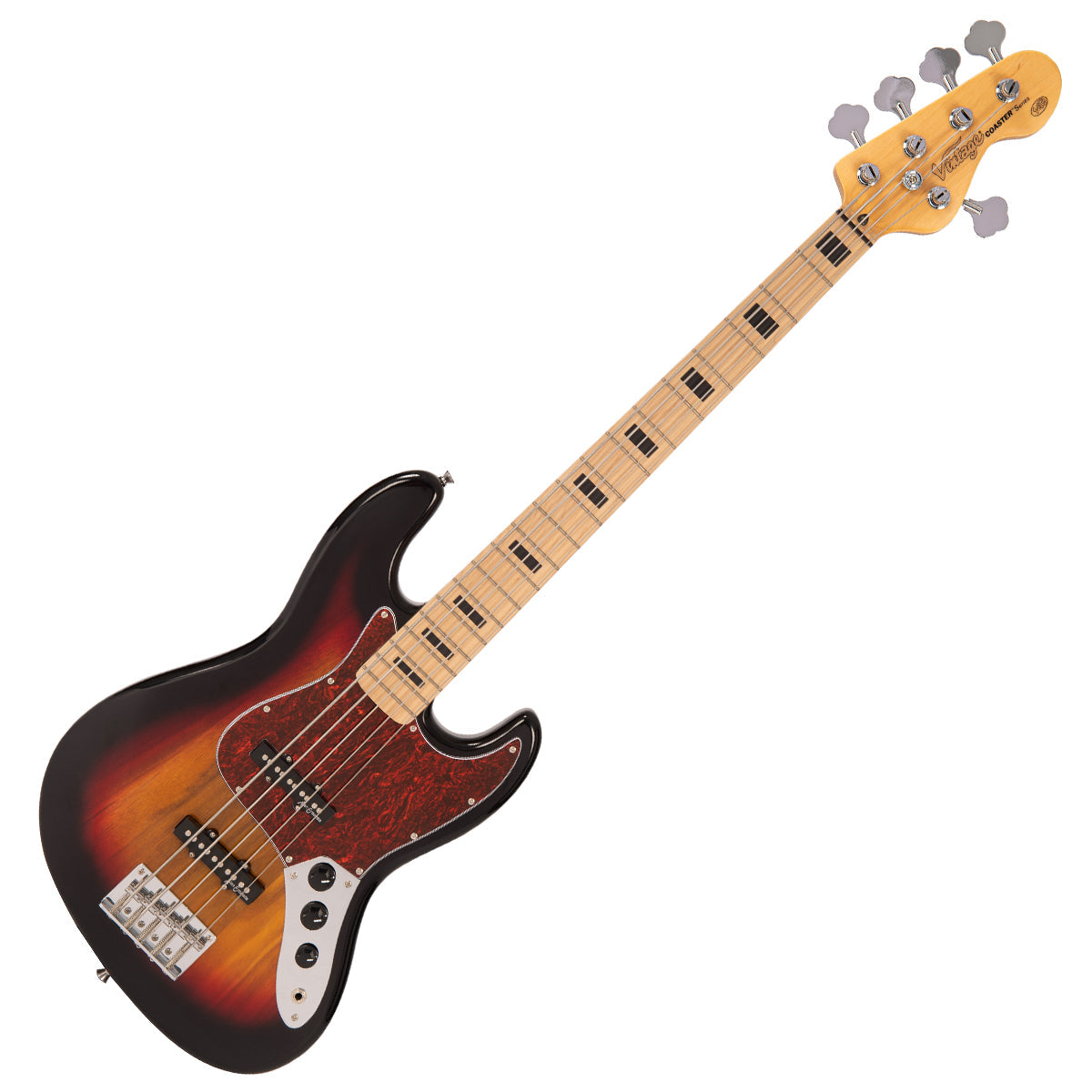 Vintage V495 Coaster Series 5-String Bass Guitar ~ 3 Tone Sunburst, for sale at Richards Guitars.