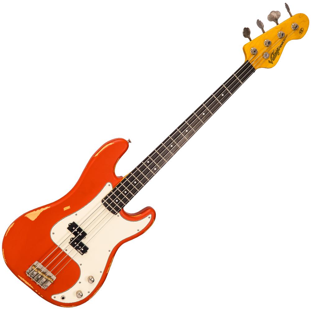 Vintage V4 ICON Bass ~ Distressed Firenza Red, Bass Guitar for sale at Richards Guitars.