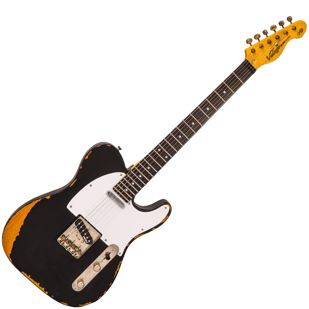 Vintage V62 ICON Electric Guitar ~ Distressed Black, Electric Guitar for sale at Richards Guitars.