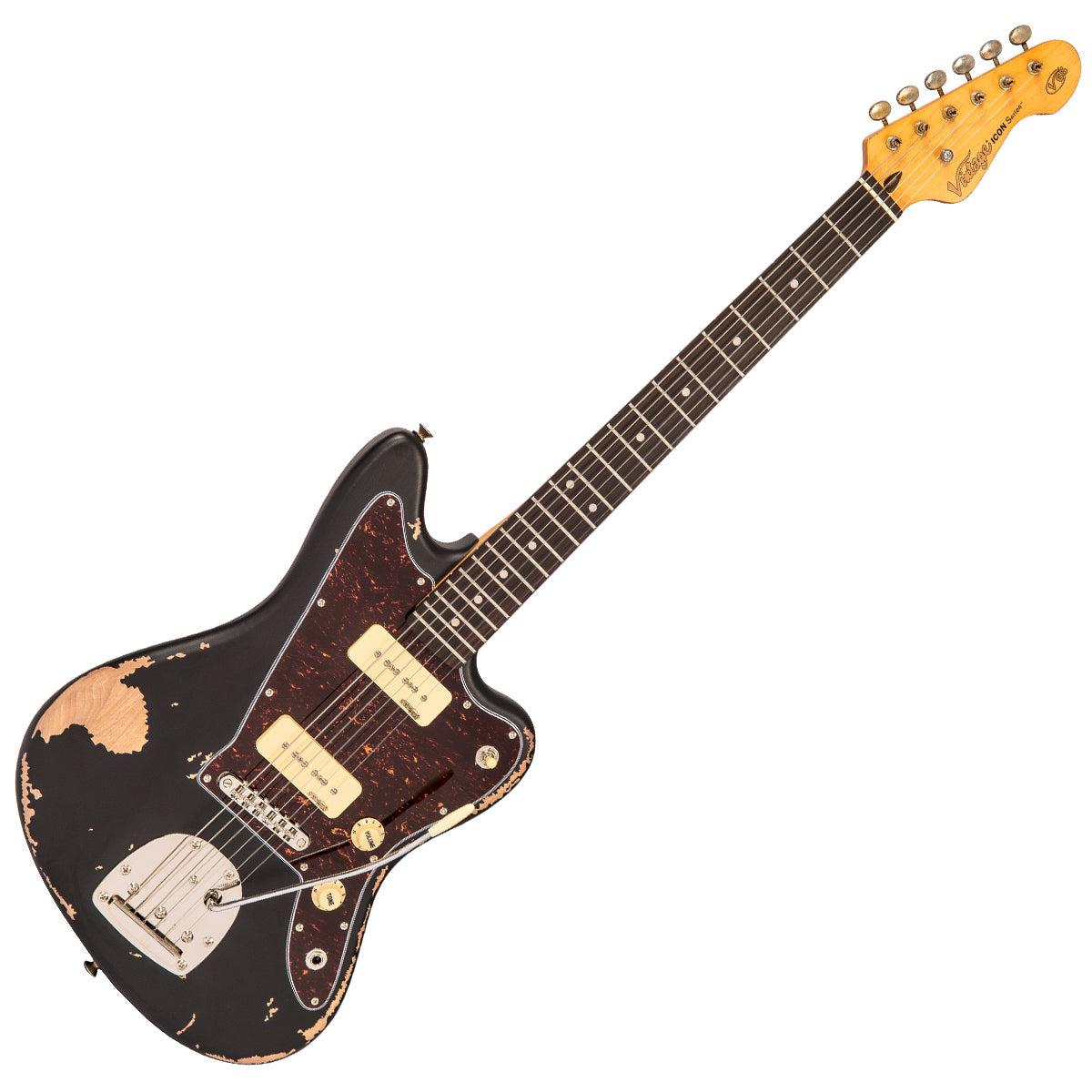 Vintage V65 ICON Vibrato Electric Guitar ~ Distressed Black, Electric Guitar for sale at Richards Guitars.