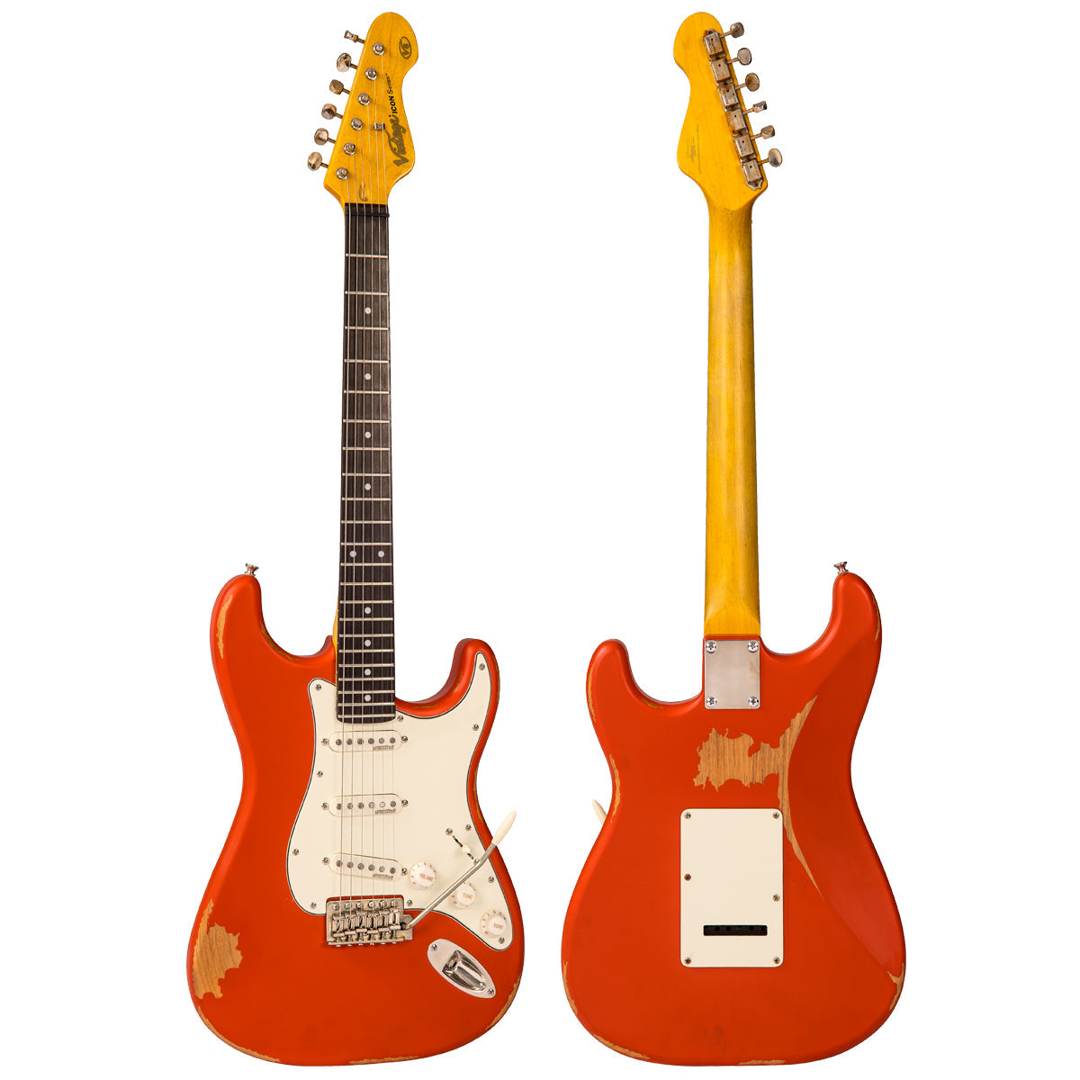 Vintage V6 ICON Electric Guitar ~ Distressed Firenza Red, for sale at Richards Guitars.