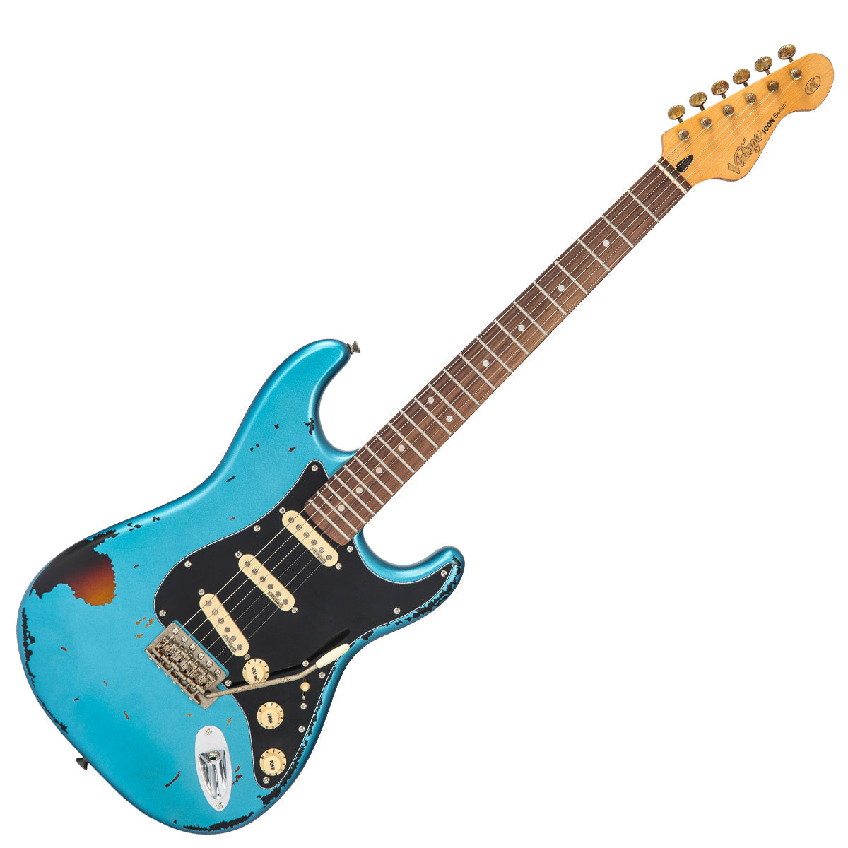 Vintage V6 ICON Electric Guitar ~ Distressed Gun Hill Blue Over Sunburst, for sale at Richards Guitars.