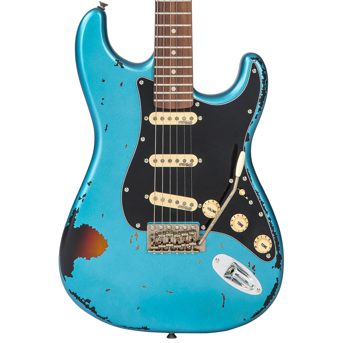 Vintage V6 ICON Electric Guitar ~ Distressed Gun Hill Blue Over Sunburst, for sale at Richards Guitars.